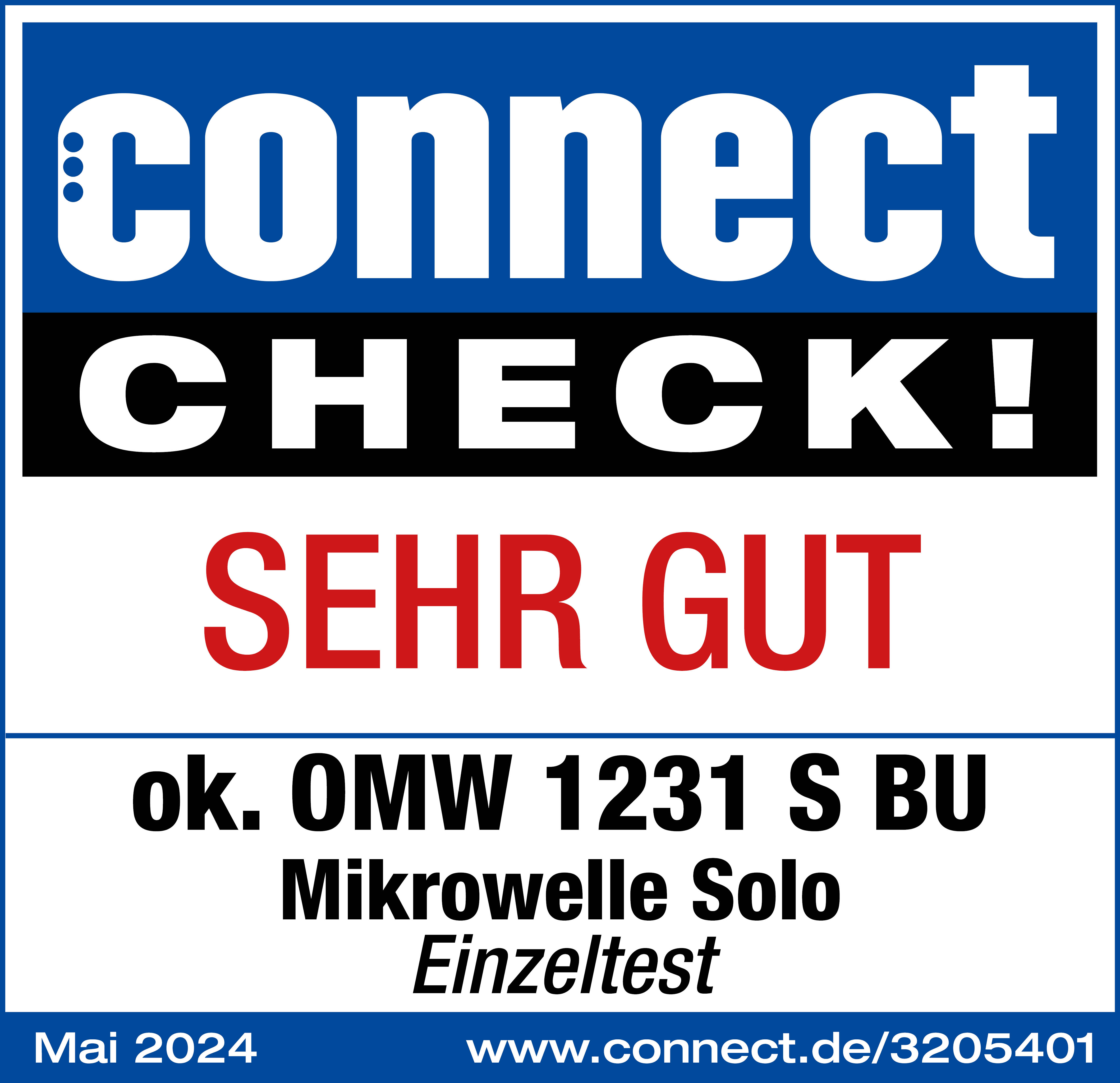 Blaues Logo mit Text: connect, CHECK!, SEHR GUT, ok. OMW 1231 S BU, Mai 2024.